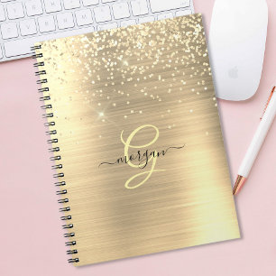 Gold Glitter & Monogramm, schwarzer Schriftname Notizblock