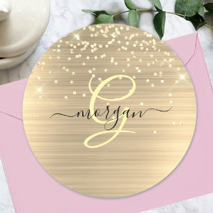 Gold Glitter & Monogramm, schwarzer Schriftname Runder Aufkleber