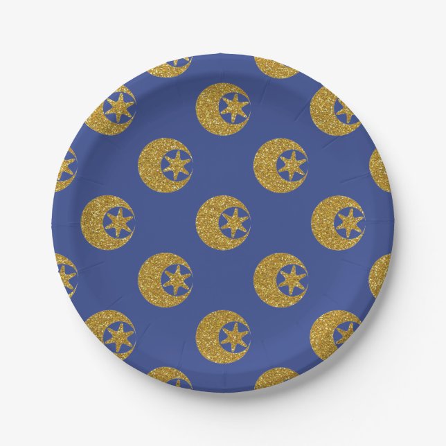 Gold Glitter Moon and Stars Pattern on Blue Pappteller (Vorderseite)