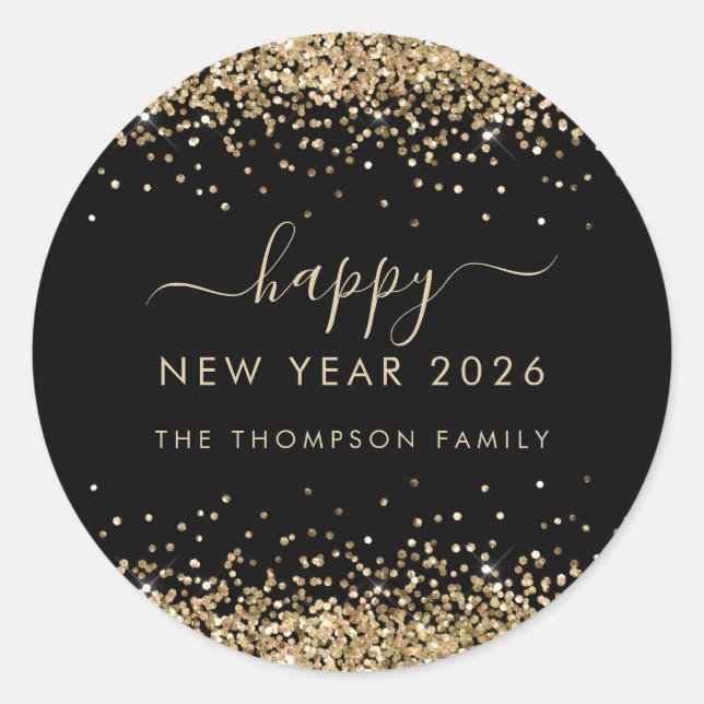 Gold Glitter Name Black Happy New Year 2026 Runder Aufkleber (Vorderseite)