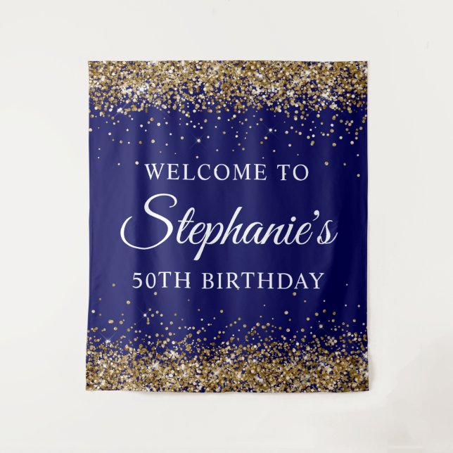 Gold Glitter Navy Blue 50Th Birthday Party Welcome Wandteppich (Vorderseite)
