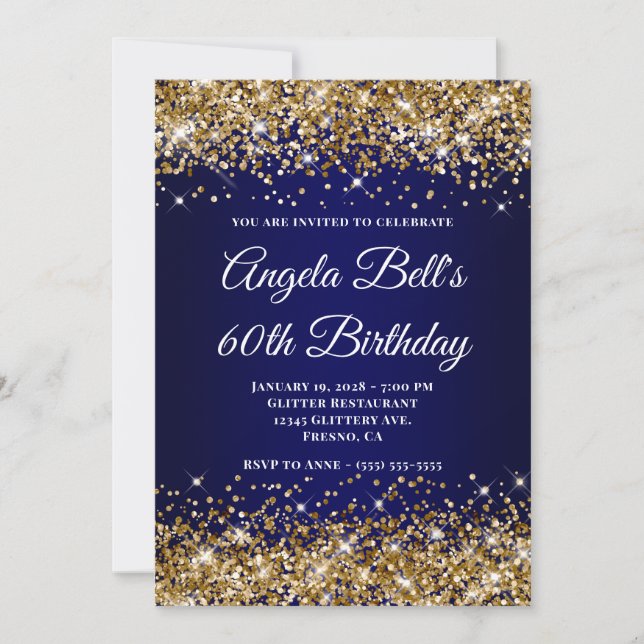 Gold Glitter Navy Blue Ombre 60th Birthday Einladung (Vorderseite)