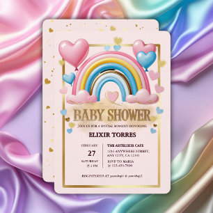 Gold Glitter Pastellherzen und Regenbogen-Baby-Par Einladung