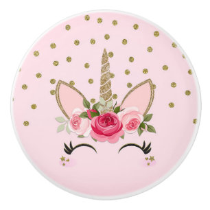 Gold Glitter & Pink Floral Einhorn Trendy Keramikknauf