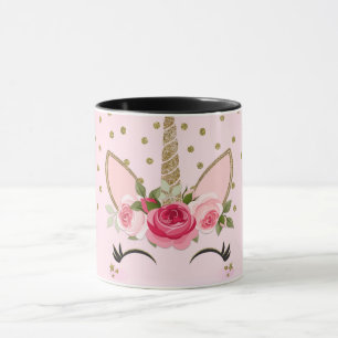 Gold Glitter & Pink Floral Einhorn Trendy Tasse