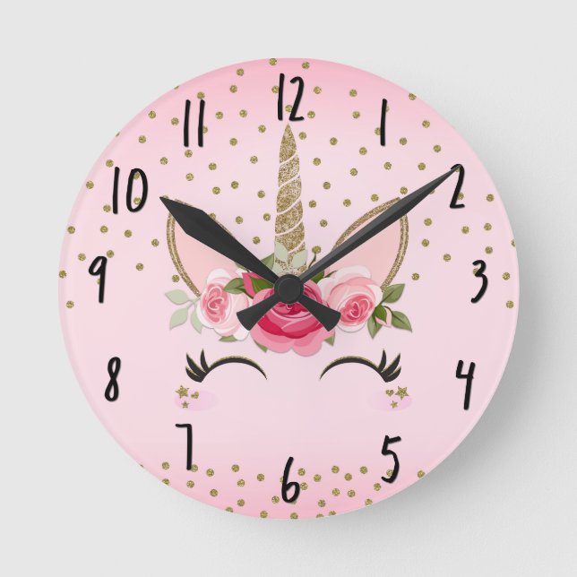 Gold Glitter & Pink Floral Unicorn Runde Wanduhr (Vorderseite)