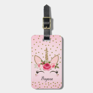 Gold Glitter & Pink Florales Einhorn Trendig Süß Gepäckanhänger