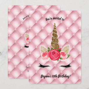 Gold Glitter & Pink Rosen Einhorn Geburtstagsfeier Einladung