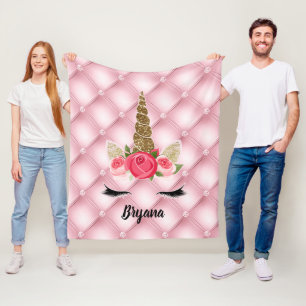 Gold Glitter & Pink Roses Einhorn Mädchen Trendy Fleecedecke