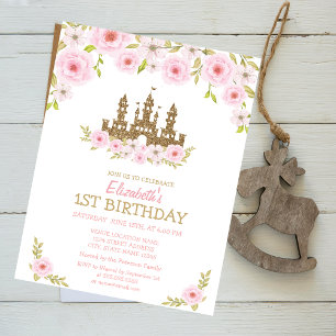 Gold Glitter Prinzessinnen Schloss, Floral Geburts Einladung