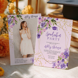 Gold glitter Purple girly floral photo graduation Einladung