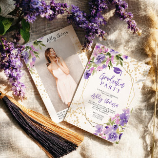 Gold glitter Purple girly floral photo graduation Einladung