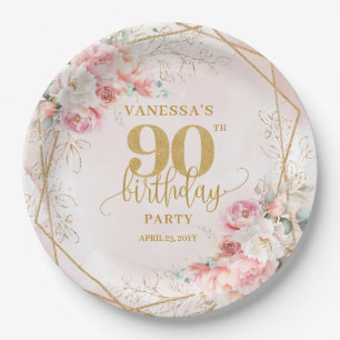 Gold Glitter Rahmen Blush Floral 90. Geburtstag Pappteller