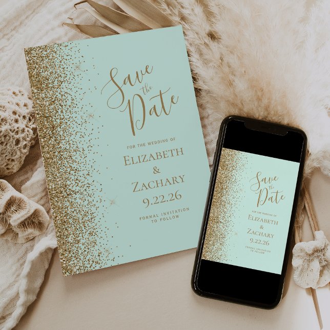 Gold Glitter Rand Mintgrün Save the Date Ankündigung (Von Creator hochgeladen)