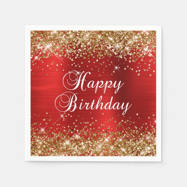 Gold Glitter Red Foil Happy Birthday Serviette (Vorderseite)