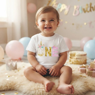 Gold Glitter Rosa Einhorn 1. Geburtstag Baby T-shirt