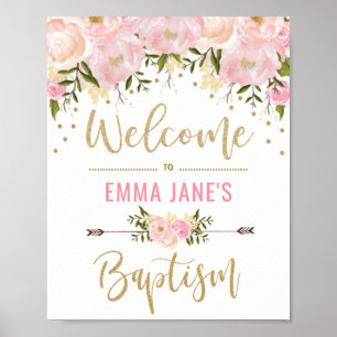 Gold Glitter Rosa Florales Tauf Willkommensschild Poster
