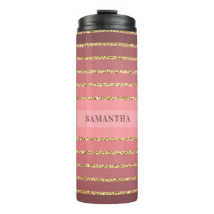 Gold Glitter Rosa Streifen Muster Name Thermosbecher