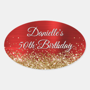 Gold Glitter Roter Folie 50. Geburtstag Ovaler Aufkleber