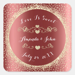 Gold Glitter Save the Date Liebe Süß Burgunderrot Quadratischer Aufkleber