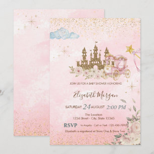 Gold Glitter Schloss, BlumenKutsche Baby Shower  Einladung
