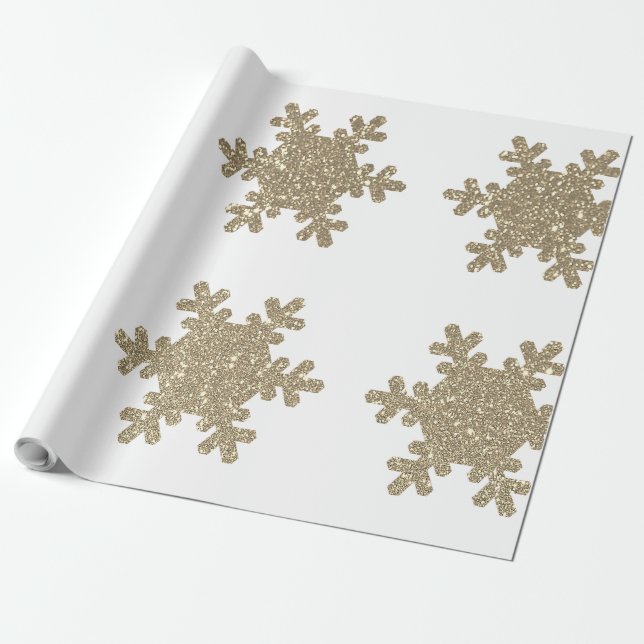 Gold Glitter Schneeflocken Muster Weiße Weihnachte Geschenkpapier (Ungerollt)