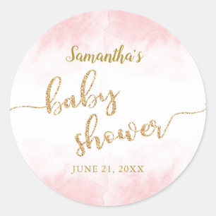 Gold Glitter Schriftzug Rosa Wasserfarbe Babyparty Runder Aufkleber
