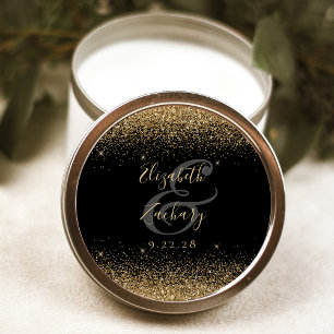 Gold Glitter Schriftzug Schwarze Hochzeit Runder Aufkleber
