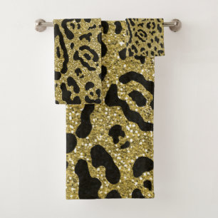 Gold Glitter Schwarz Cheetah Leopard Tier Print Badhandtuch Set