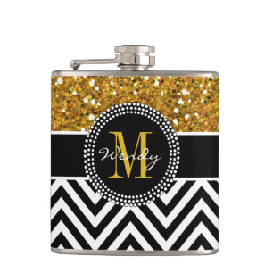 Gold Glitter Schwarz Chevron Muster Monogramm Flachmann