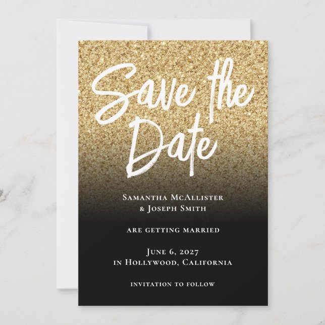 Gold Glitter Schwarz Ombre Save The Date (Vorderseite)