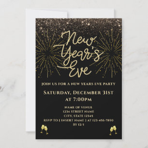 Gold Glitter Schwarz Silvesterparty Einladung