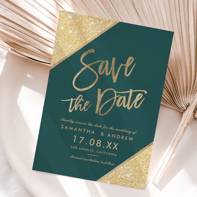 Gold glitter script emerald green save the date (Von Creator hochgeladen)