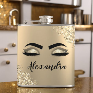 Gold Glitter Sparkle Eyelashes Monogram Name Flachmann