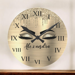 Gold Glitter Sparkle Eyelashes Monogram Name Große Wanduhr