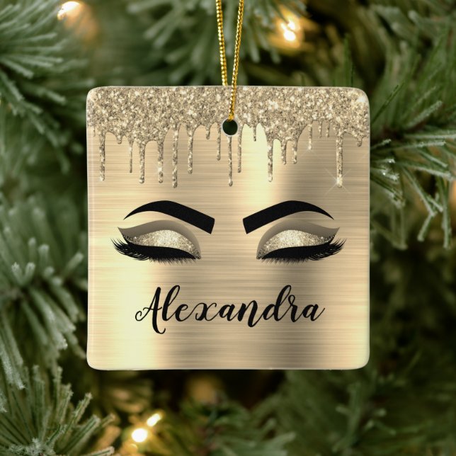Gold Glitter Sparkle Eyelashes Monogram Name Keramikornament (Baum)