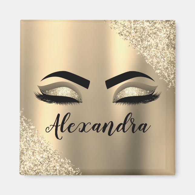 Gold Glitter Sparkle Eyelashes Monogram Name Magnet (Vorne)