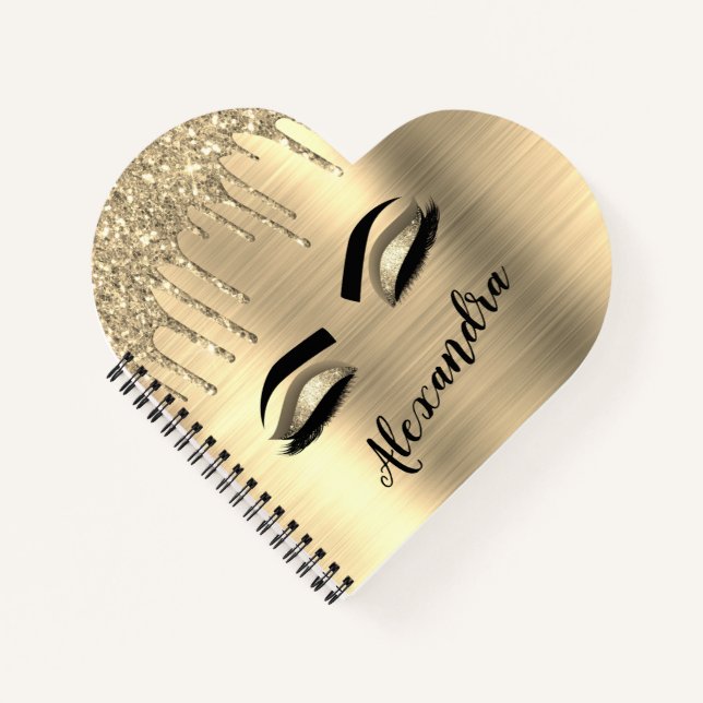 Gold Glitter Sparkle Eyelashes Monogram Name Notizbuch (Vorderseite)