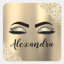 Gold Glitter Sparkle Eyelashes Monogram Name Quadratischer Aufkleber