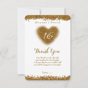 Gold Glitter Spill Sweet 16 Herz Dankeschönkarte Dankeskarte