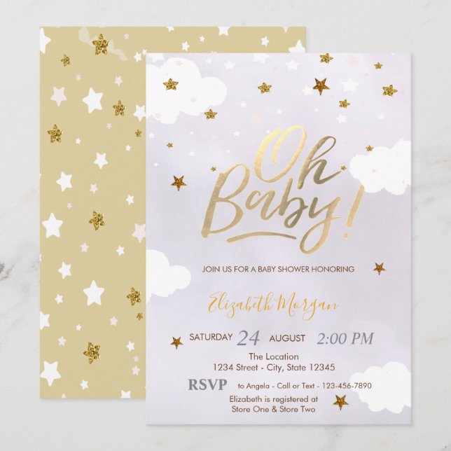 Gold Glitter Stars Clouds Lavender Baby Shower  Einladung (Vorne/Hinten)