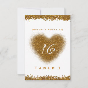 Gold Glitter Streusel Herz-Tischzahl Sweet 16 Einladung