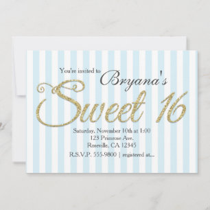 GOLD GLITTER SWEET 16 Blaue Party-Einladungen Einladung
