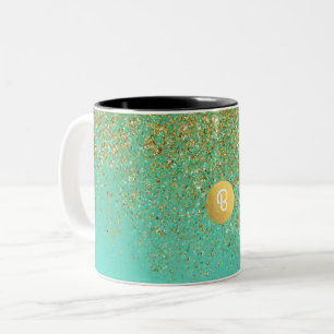 Gold Glitter & Teal Aqua Glam Individueller Monogr Zweifarbige Tasse