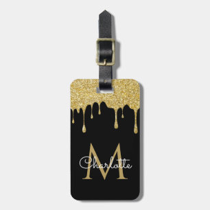 Gold Glitter Tropf Monogram Elegantes Mädchen-Skri Gepäckanhänger