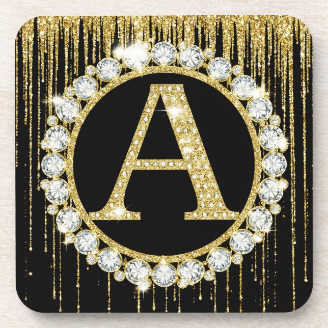 Gold Glitter Tropf Monogramm Anfangsbuchstabe Pers Getränkeuntersetzer (Vorderseite)