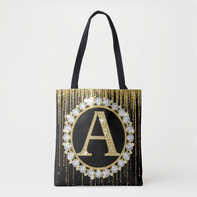 Gold Glitter Tropf Monogramm Anfangsbuchstabe Pers Tasche (Vorderseite)