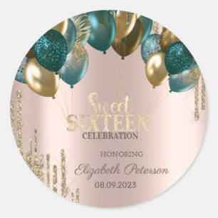 Gold Glitter-Tropfen Ballons Rose Gold Sweet 16 Runder Aufkleber