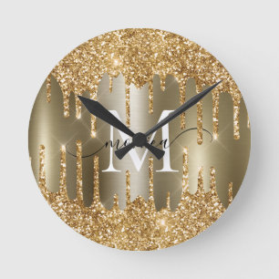 Gold Glitter Tropfen Monogramm Personalisierte Wan Runde Wanduhr