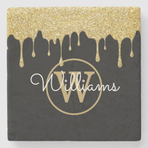 Gold Glitter Tropfen Monogramm Schrift Name Schwar Steinuntersetzer